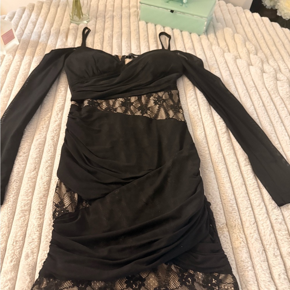 Fashion Nova Black Ruched Long Sleeve Bodycon Dress